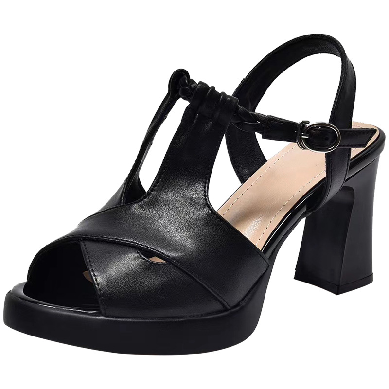 Sandal cao gót nữ đế dày da thật phong cách La Mã, gót 9 cm — Màu đen