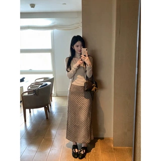 肥柒柒大码长袖开衫内搭吊带背心女秋季温柔套装波点包臂中裙三件