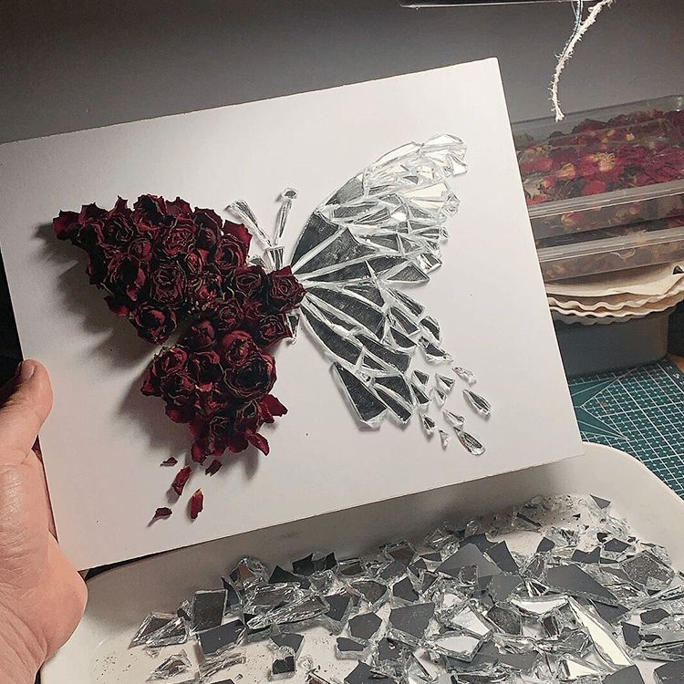 DIY永生玫瑰干花破碎蝴蝶镜相框摆件材料包情侣手工送女友520礼物