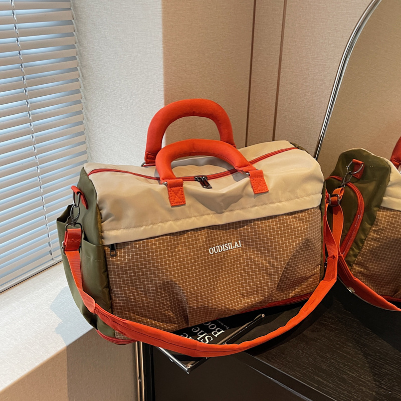 Japanese-style plaid color-blocked travel bag, expandable multi-functional student accommodation luggage bag with shoe compartment, suitable for swimming and gym use