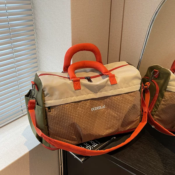 Japanese-style plaid color-blocked travel bag, expandable multi-functional student accommodation luggage bag with shoe compartment, suitable for swimming and gym use