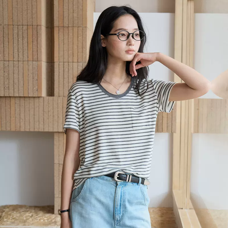 天丝醋酸亚麻短袖女2026款春夏圆领口袋打底衫简约条纹设计感T恤