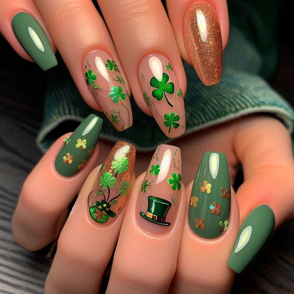 Comercio exterior día de San Patricio usar uñas de oro brillante tridimensional trébol manicure 24 piezas manicure falsas al por mayor
