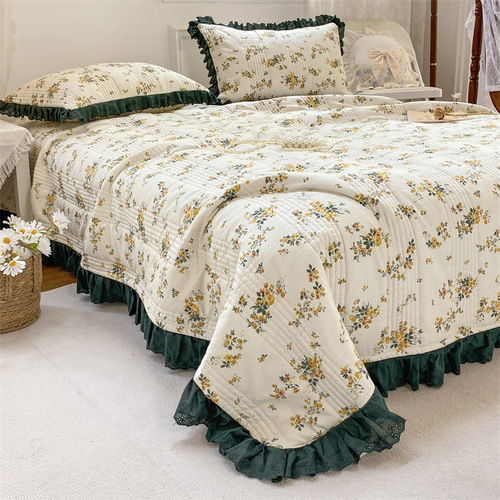 French retro style cotton quilted bed cover four-piece set single bed cover pillowcase lace bedding three-piece set cross-border