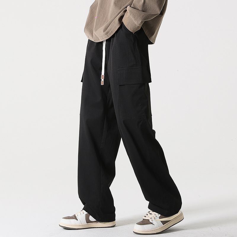 Pantalones rectos pantalones de pierna ancha para hombres primavera y otoño color sólido ropa de trabajo multibolsillos pantalones sueltos casuales de manga larga sensación de drapeado de moda