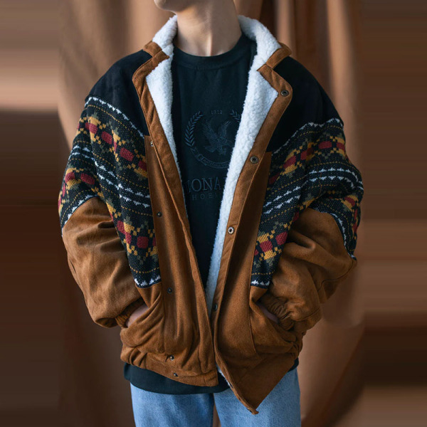 2022 popular product on foreign trade independent sites: Men's retro printed suede and fleece patchwork jacket in stock