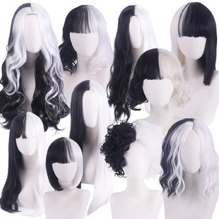 cos wig 101 loyal dog Cruella de Vil kuila black and white witch color matching short curly hair