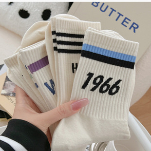 Japanese ins trendy striped socks women's mid-calf length spring and summer outer wear stockings Korean sports socks deodorant sweat-absorbent socks
