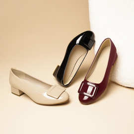 跨境浅口圆头小跟鞋粗跟高跟鞋女法式方扣单鞋中式旗袍婚鞋妈妈鞋
