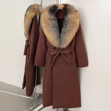 新款25欧版真狐狸大毛领羽绒服女长款显瘦绑带收腰气质通勤款外套