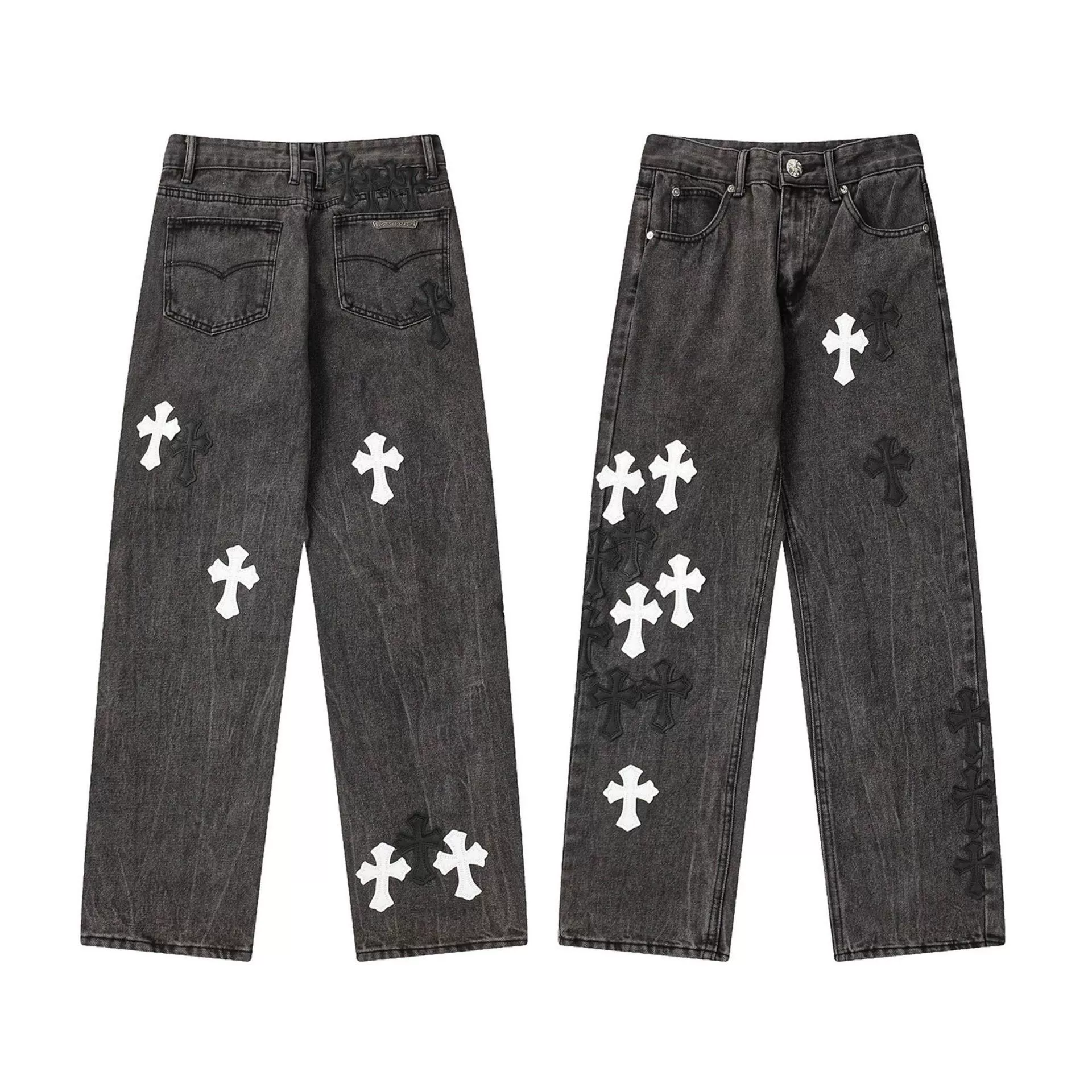 Исправленная версия джинсов с нашивкой крестом Chrome Hearts Croix, вышитые, выстиранные, оптом, дропшиппинг