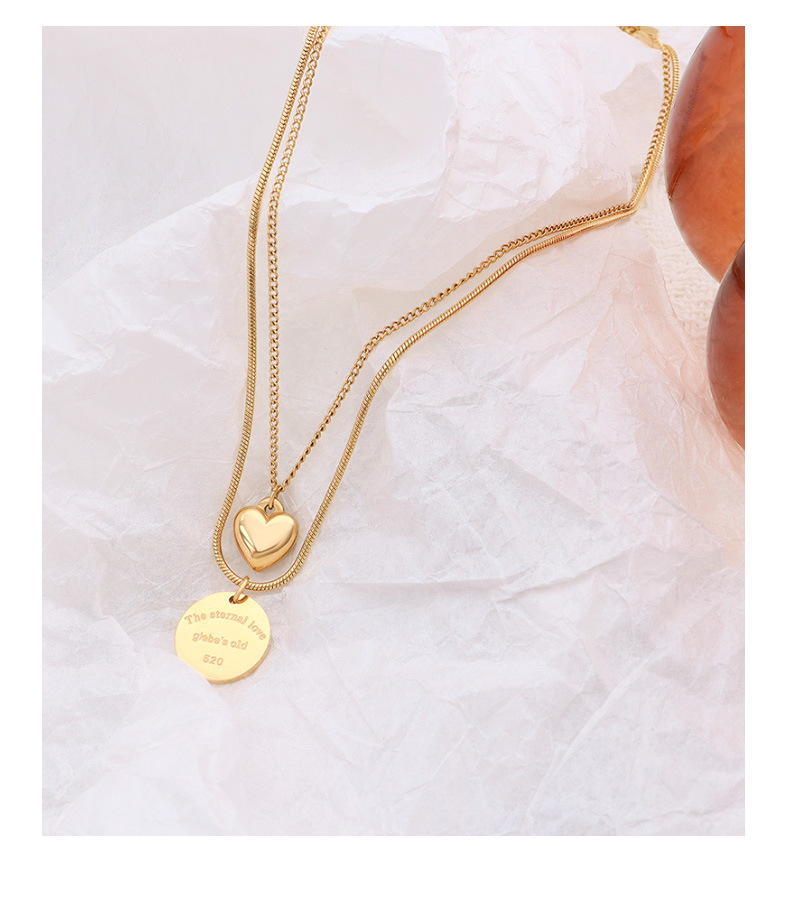 Collier double couche cœur disque en acier titane doré_voghion.com