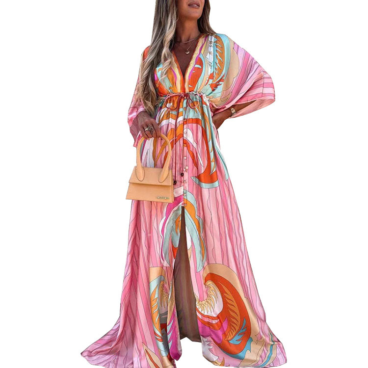 Women's Swing Dress Classic Style Streetwear V Neck Printing 3/4 Length Sleeve Color Block Maxi Long Dress Holiday display picture 9