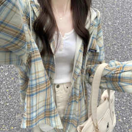 长袖女格子衬衫复古春秋小个子外套森宽松女洋气宽松上衣衬衫美式