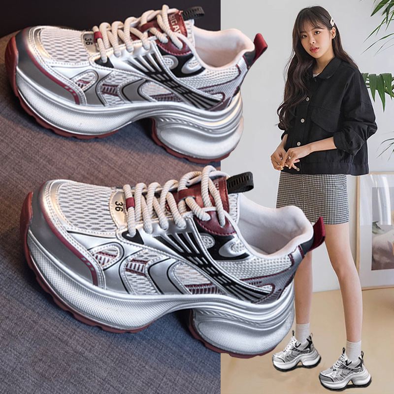 Women's 2025 New Spring and Autumn Versatile Platform Thick-Soled Casual Sneakers with Internal Height-Increasing Polyurethane Dad Shoes