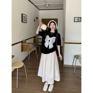 Real Shot ~ Large Size Lace Embroider Slimming Look Bow Short-Sleeved t Elastic Waist Polka Dot Skirt Two-Piece Set