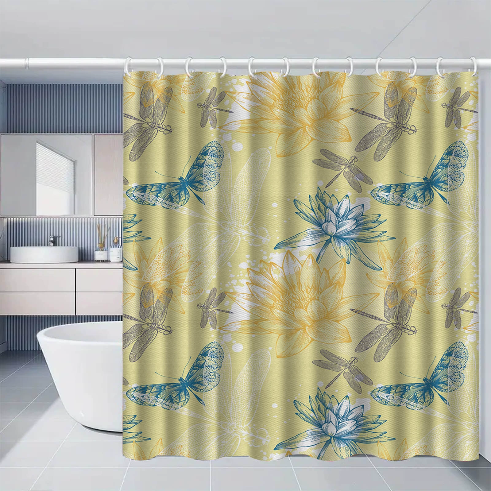 Cross-border direct supply dragonfly pattern polyester shower curtain bathroom bathroom waterproof, moisture-proof, mildew-proof isolation curtain