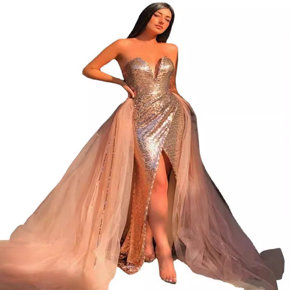 Vestido de Noche Elegante con Abertura y Lentejuelas Doradas, Estilo Europeo y Americano, Novedad de Primavera-Verano 2025 para Mujer