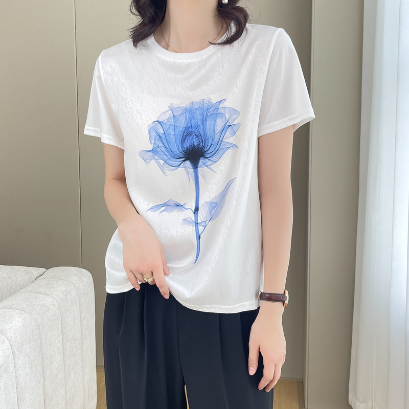 New silky satin printed AB T-shirt spring and summer versatile round neck top