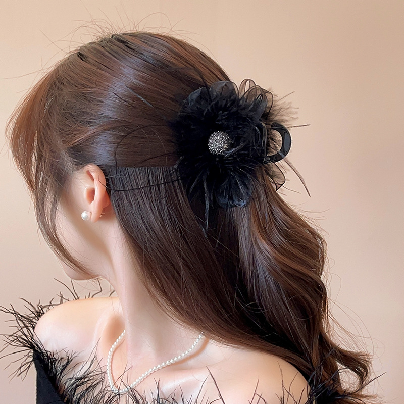 羽毛欧根纱蝴蝶结8cm抓夹高端气质时尚发饰浪漫毛毛抓夹秋冬新款