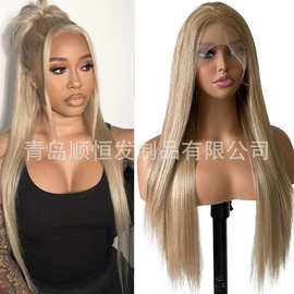 欧美假发女 日丝灰金色COS直发仿真发际线工厂现货批发前蕾丝头套