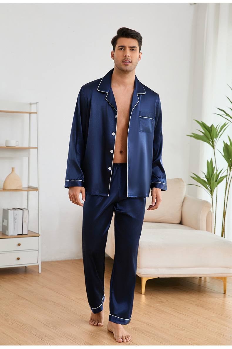 Yaoyin Herren-Pyjama aus Eisseide, Frühlings- und Herbstset, Hochzeits-Set, rote Ärmel, lange Hose, Hausanzug TZ21762_voghion.com