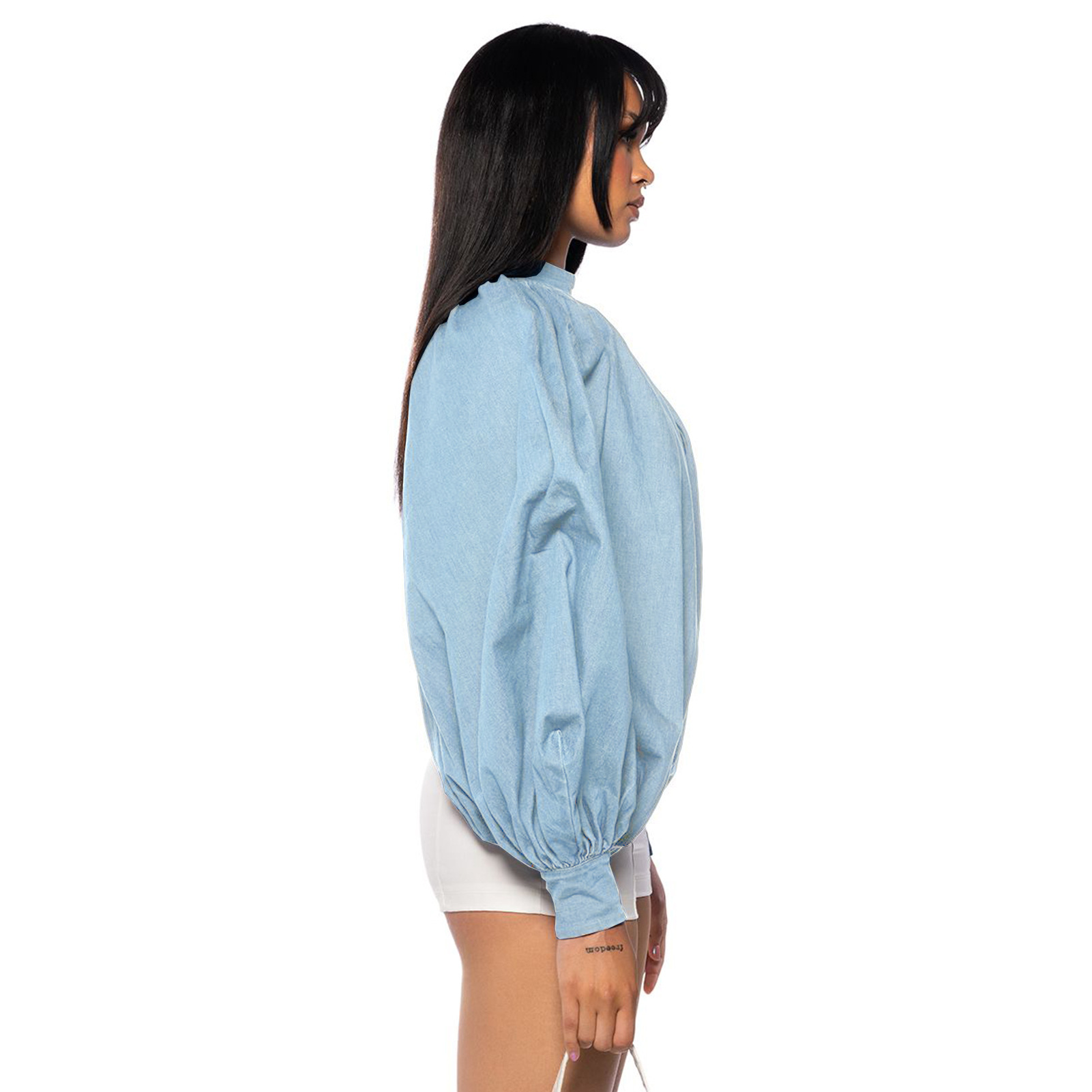 Fornitura di abbigliamento femminile, cardigan senza schienale con maniche a pipistrello e bottoni in denim alla moda_voghion.com