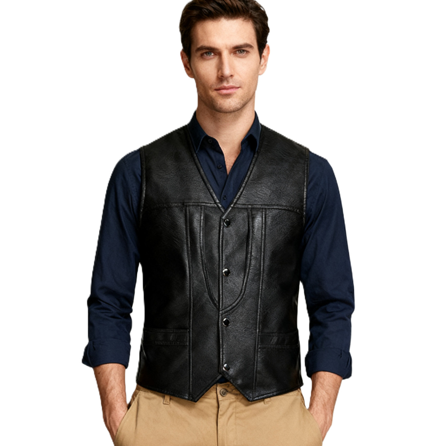 Monochrome Man- Spring And Autumn Cardigan Fashion Urban V-Neck PU Leather Vest Men's Tank Top_voghion.com