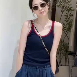 藏青色拼色吊带背心女夏新款韩系修身显瘦设计感小众洋气上衣