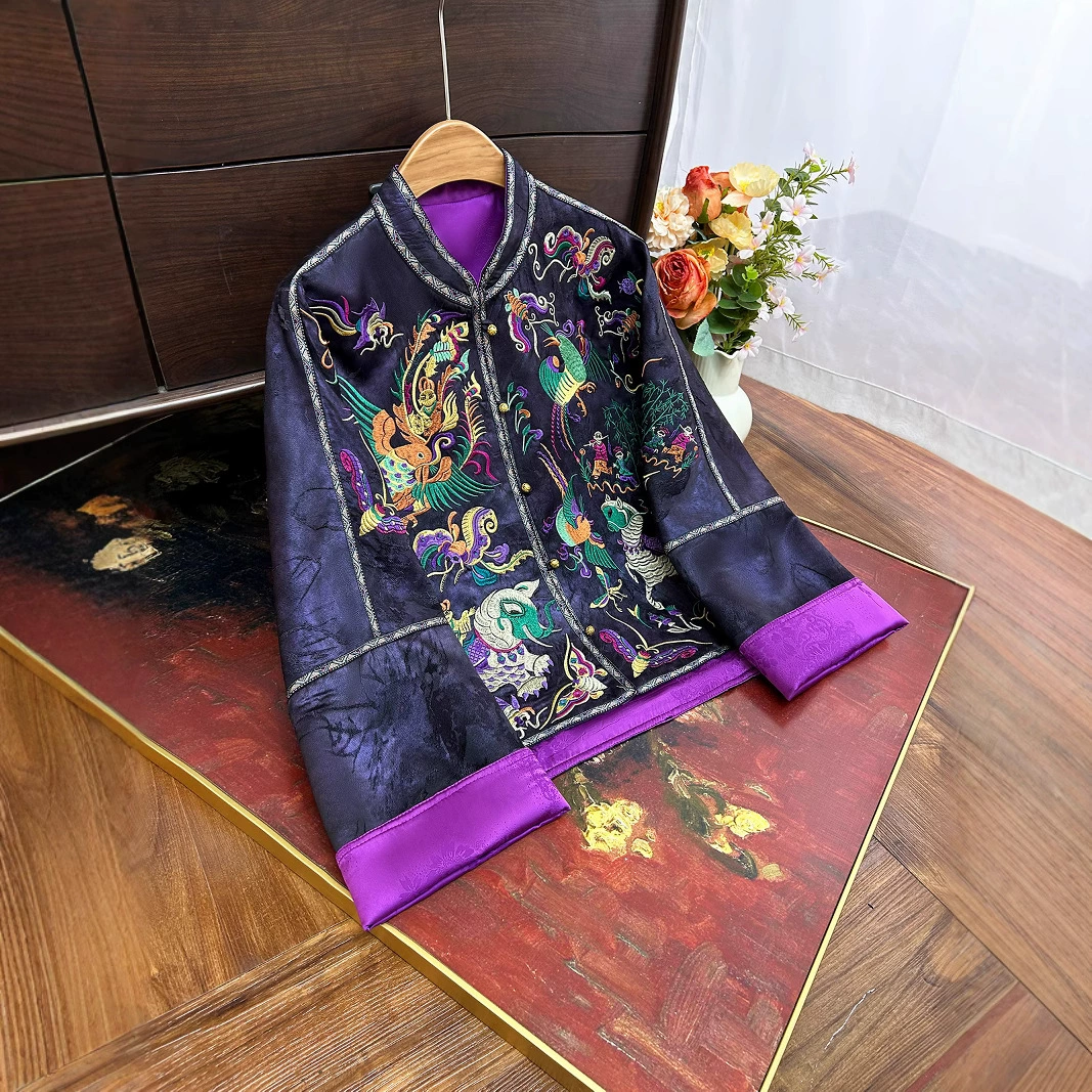 Новый китайский фиолетовый Dongлай национальный стиль куртка женский 2025 новый ретро высокого класса вышивка жаккардовый топ