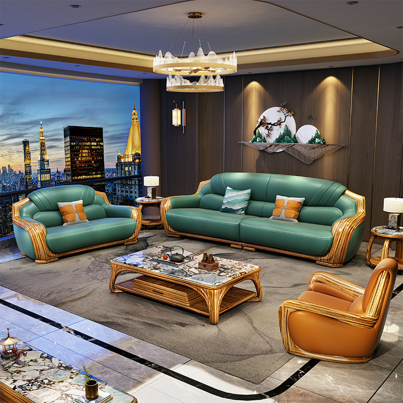 Villa New Chinese Style First-Layer Cowhide Large Ebony Wood Sofa Self-Built House Large Zebra Solid Wood Foshan Leather Sofa