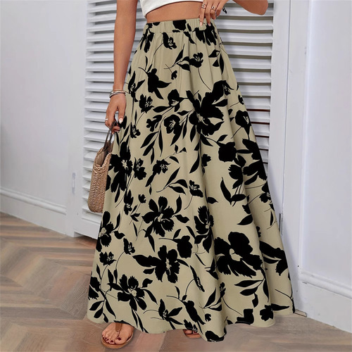 Ins elastic waist printed long A-line semi-slip dress summer high-end temperament commuting drape pleated skirt women's clothing