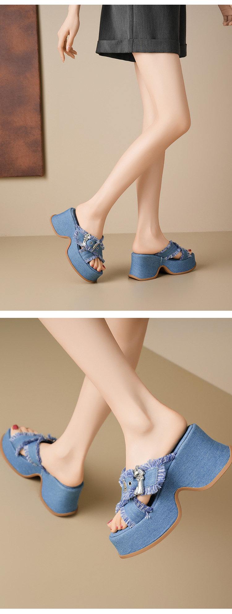 Dép sandal cao gót nữ hở mũi đế xuồng 9 cm quai ngang chất denim — Màu xanh lam denim, Vải bò trắng be chi tiết 10