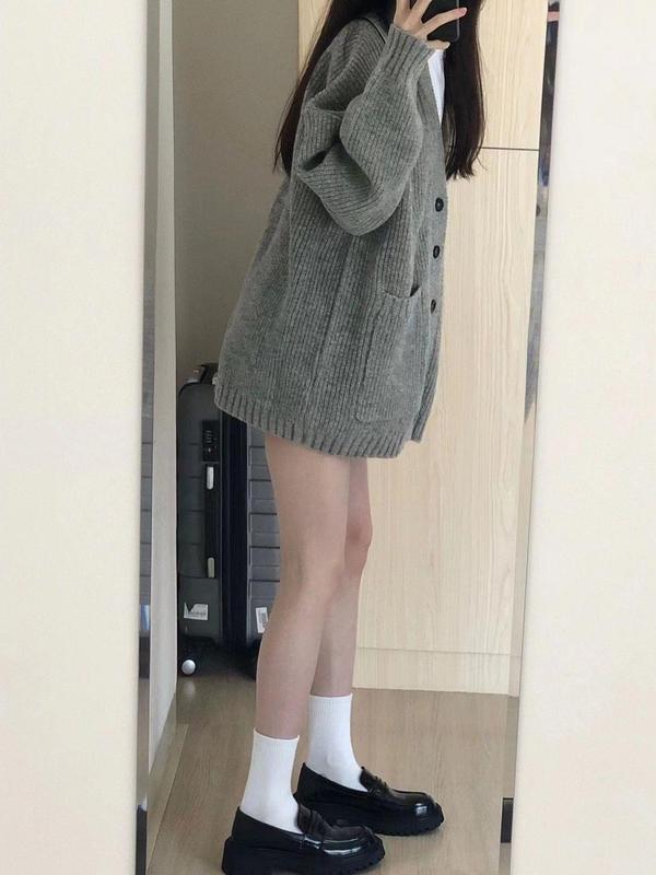 灰色中长款毛衣外套女秋秋外搭外穿慵懒复古奶系穿搭秋秋针织开衫|undefined