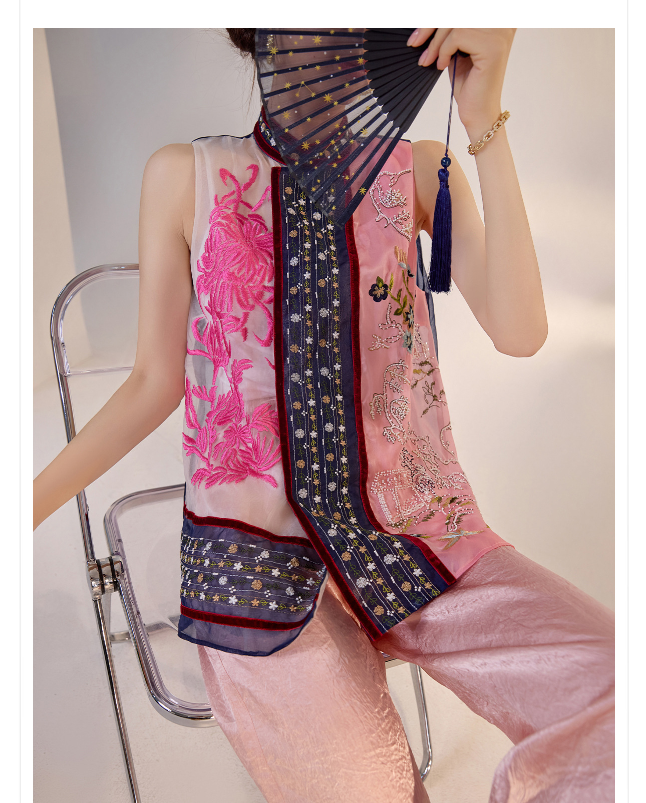 Áo vest gile nữ phong cách Trung Hoa mới, thêu họa tiết phối màu, chất liệu lụa tơ tằm, mã ZX M4238 — Phối màu chi tiết 9