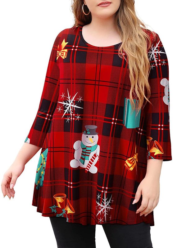 2025年アマゾン欧米女性用大きいサイズクリスマスプリントOネック長袖Tシャツトップス|undefined
