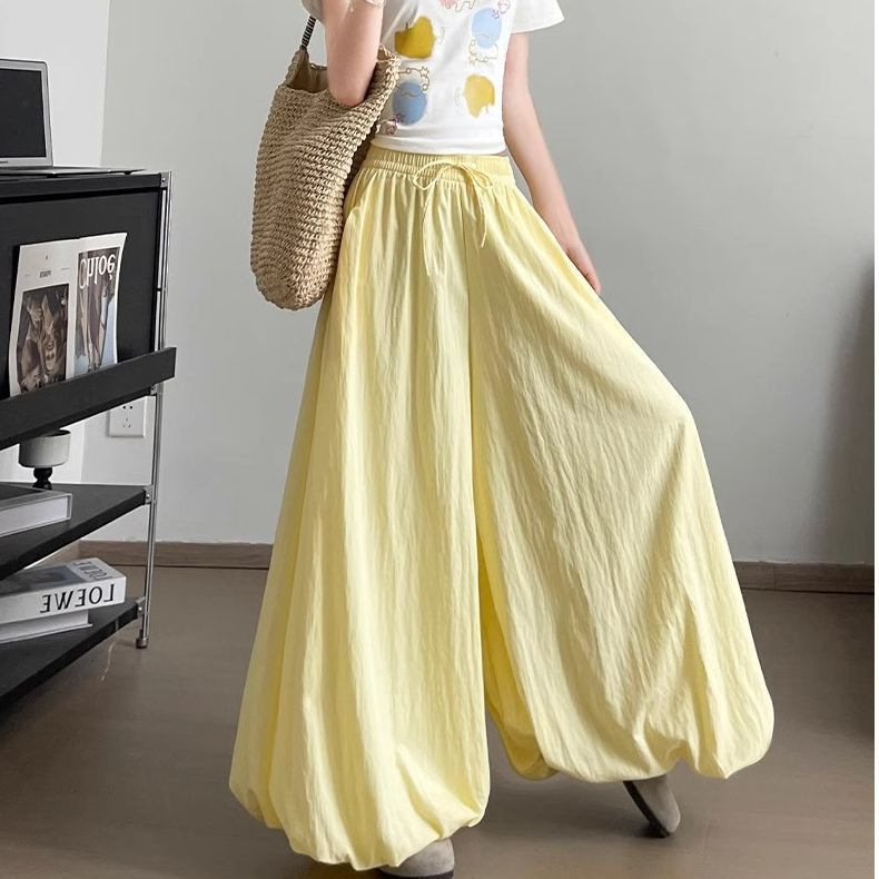 Small Yellow Bud Culottes for Women Summer New High-Waisted Loose Slimming Look Draped Culottes Casual Wide-Leg Pants Trendy