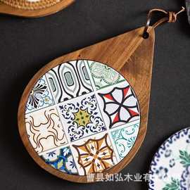 复古花砖餐垫实木隔热垫木质防烫盘垫杯垫家用砂锅汤锅隔热垫木垫