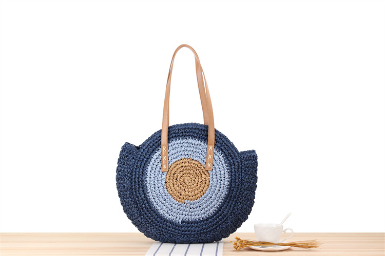 594g Weight Polyester Cotton Lining Material Zipper Closure Type Single Shoulder Strap Strap Type Women's Large Straw Stripe Vacation Round Zipper Straw Bag