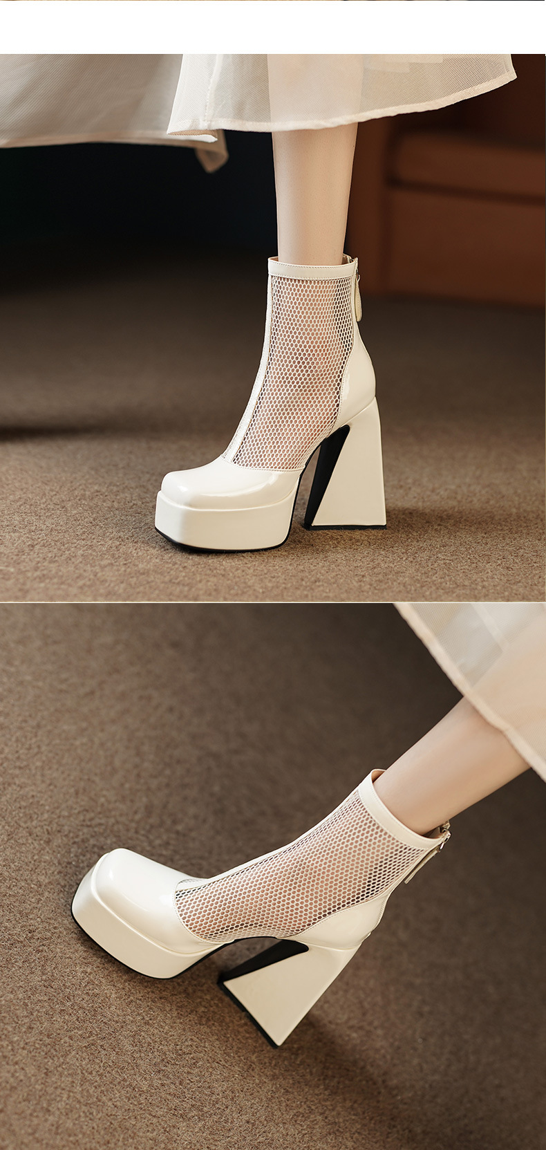 Boot nữ cổ thấp mũi vuông gót thô cao 9 cm, phong cách vintage, đế platform thoáng khí — màu đen, màu trắng ngà chi tiết 7