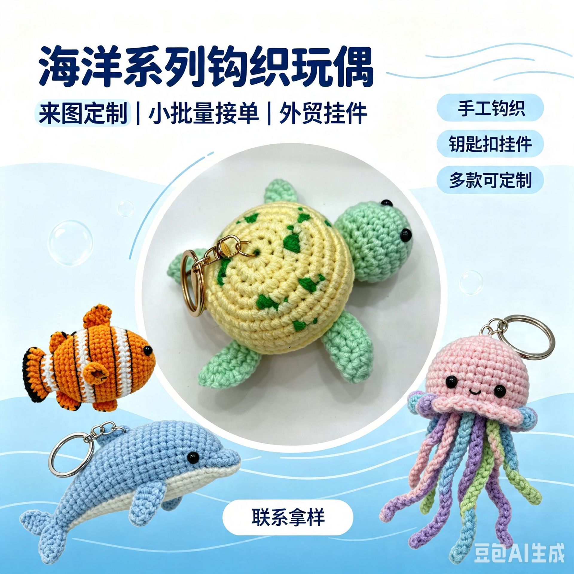 Cross-border best-selling crochet ocean series finished dolls, handmade crochet doll keychains, sea turtles, fish, and shrimp