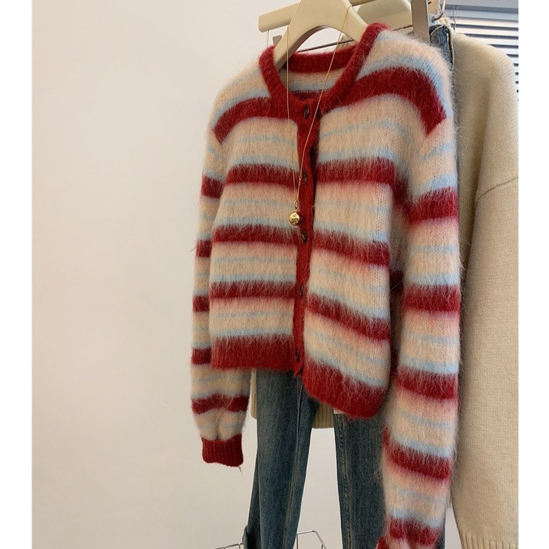 Red Striped Mohair Knitted Cardigan Women's Autumn and Winter Short High-end Lazy Style Loose Soft Waxy Sweater Jacket