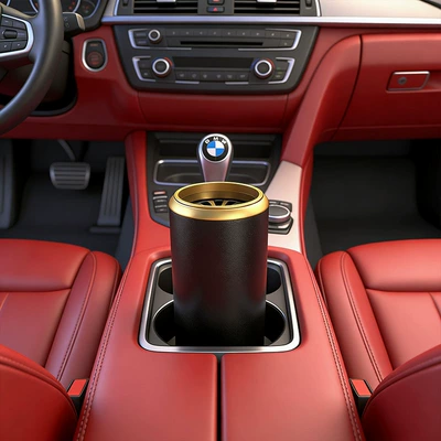 Perfplant seat — Cup Holder Fragrance Diffuser, Car - tall-black-barrel-with-a-gold-lid-empty-barrel-soap-not-included