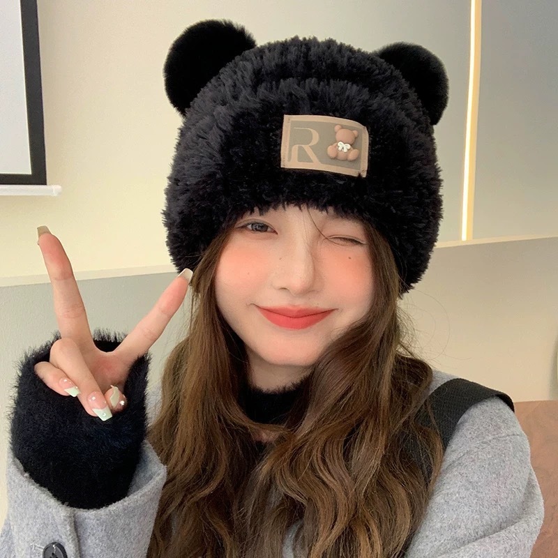 女性の冬の韓国のかわいいクマの帽子ぬいぐるみニット帽子厚く暖かい耳保護防寒防風プルオーバー帽子|undefined