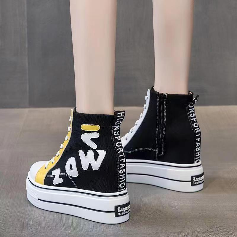 2025 New Women's Shoes Autum Canvas Shoes Women's High-Top Thick-Soled Sneakers Cute Round-Toe Big-Toe Shoes Canvas Bread Shoes