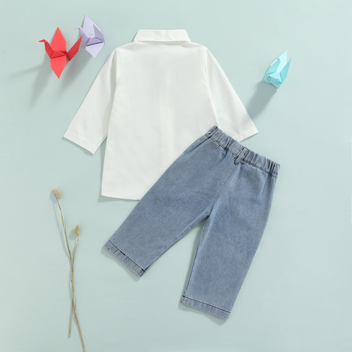  European and American children's clothing autumn new style girls white long-sleeved shirt high-waist denim trousers suit dropshipping