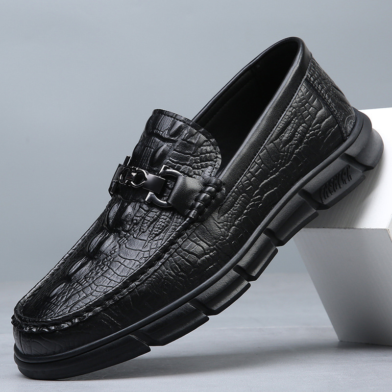 First-Layer Cowhide Casual Shoes, Non-Slip, Comfortable and Breathable Beanie Shoes, Casual and Versatile, Crocodile Pattern Slip-Ons for Lazy People