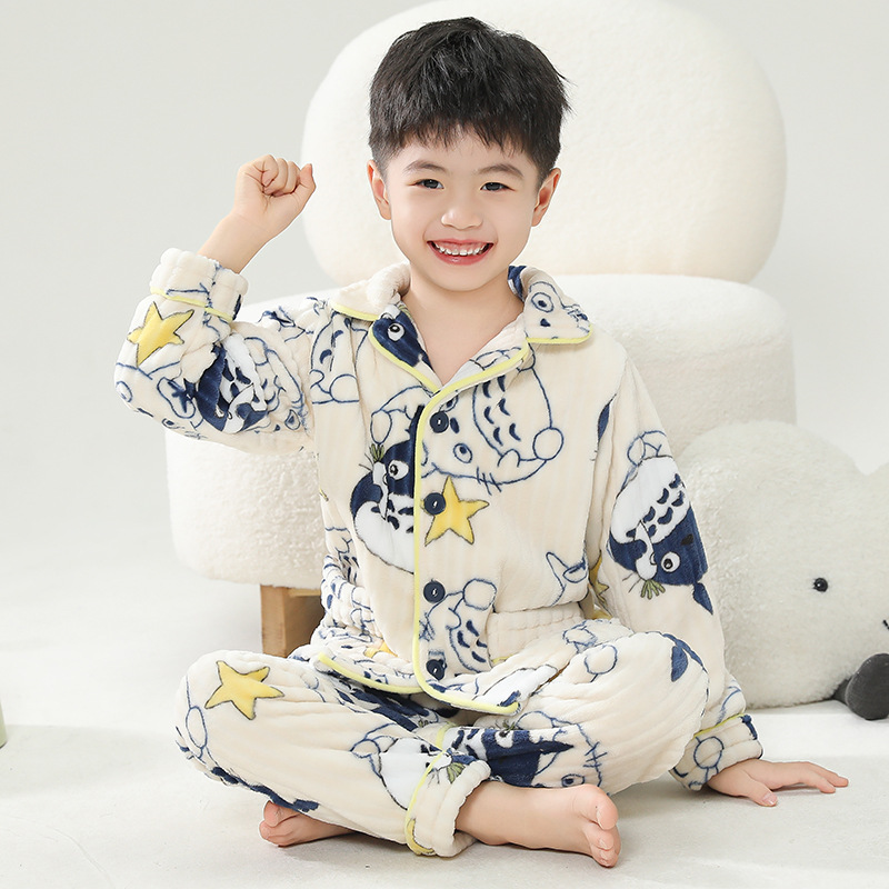 Autumn and Winter Kidsren's Flannel Pajamas, Boys' Family Home Clothes, Coral Velvet Pajamas, Thickeneded Baby, Medium and Large Kidsren's Suits