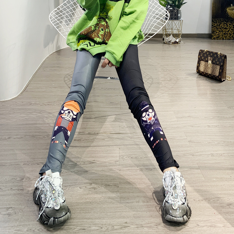 2025 Spring and Autumn Leggings for Women, Outerwear, Harajuku Style, Personalized Print, Trendy, Stretchy, Slim-Fit Long Pants, Nine-Tenths Length