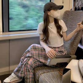 运动服套装女夏季跨境韩版宽松时尚百搭短袖格子长裤休闲两件套潮